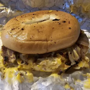 Special - Brisket, egg, American cheese, caramelized onions bagel sandwich