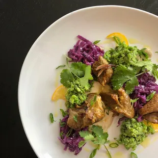 vadouvan spiced lamb, red cabbage, crushed fava beans + meyer lemon