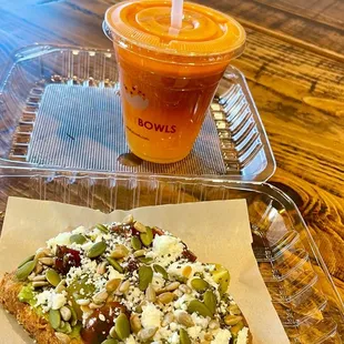 Avocado toast and Invigorator fresh juice