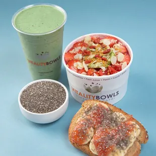 a bowl of fruit and a bowl of chia seeds