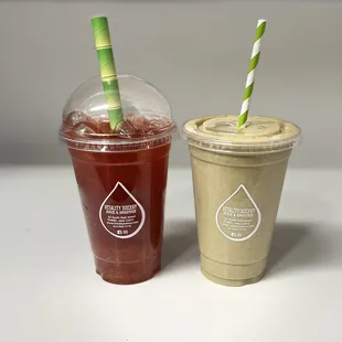 Let&apos;s get today going with a Crazy monkey smoothie w/spinach for iron +veggies intake and mango berry boba tea w/popping bobas