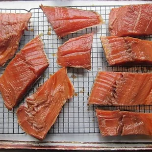 Coho Salmon fillets drying after being brined, ready to smoke!