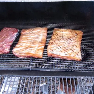 Lopez pork belly, on the smoker, becoming tasty, tasty B A C O N !