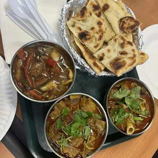 Chop Suey, goat curry, lamb curry with naan