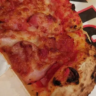 a close up of a slice of pizza