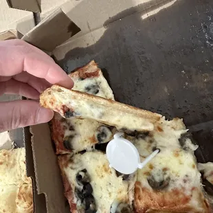 a hand holding a slice of pizza