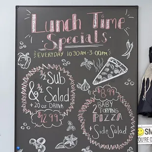 Lunch time specials everyday 10:30am till 3pm get 1/2 sub and 1/2 sales plus a 20 ounce beverage for $12.99