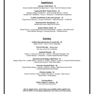 New dinner menu 11/26/22
