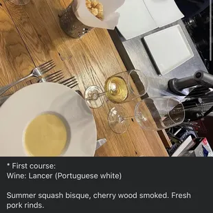 Summer squash bisque, pork rinds, Lancer