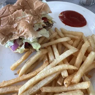 Cheeseburger and French fries-both cooked to perfection!