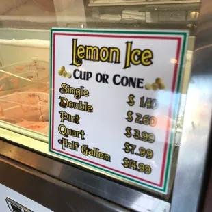 a menu for lemon ice