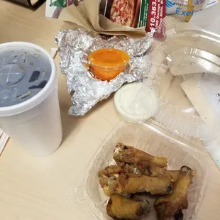 6 wings,  fries and soda. Came with blue cheese