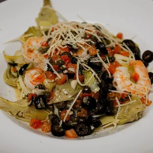 Angel hair and shrimp with olive oil, artichokes, diced tomatoes, capers, garlic, black olives, fresh basil and parmesan cheese