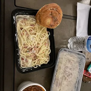 Spaghetti carbonara and sausage lentil soup