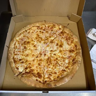 a cheese pizza in a box