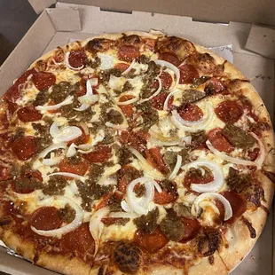 Sausage, Pepperoni, and onions.
