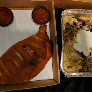 Calzone and chicken goat cheese pasta