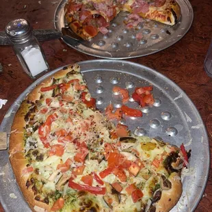 Meat Lovers and Chicken Pesto Pizza
