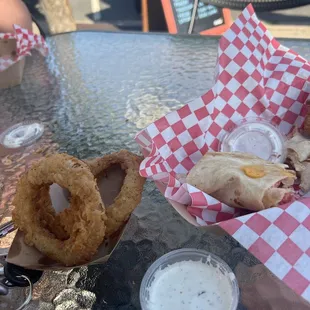 Onion rings, chicken wrap
