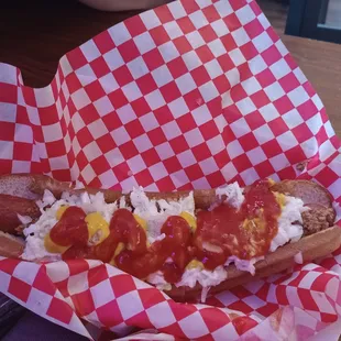 Foot long hotdog all the way