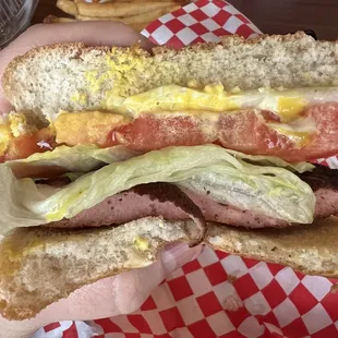 Thick cut bologna sandwich