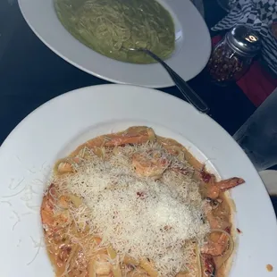 Angel hair pasta with pesto sauce &amp; Pink sauce fettuccine Alfredo with shrimp