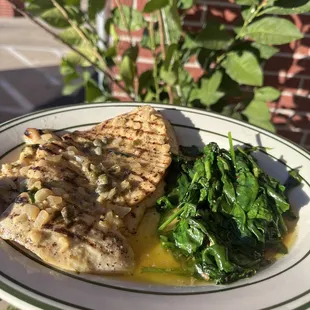 Chicken Piccata with lemon butter white wine topped with capers