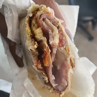 Mexican Omelette breakfast burrito with ham.