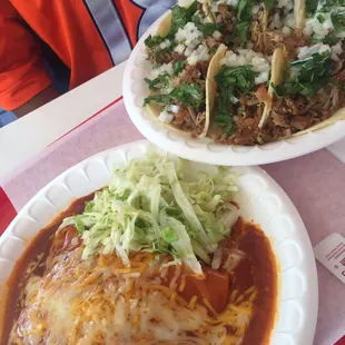 Carnitas tacos and cheese enchiladas