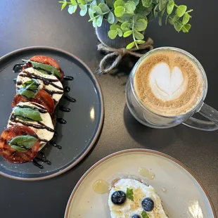 Blueberry ricotta toast, vanilla latte &amp; tomato/mozzarella toast
