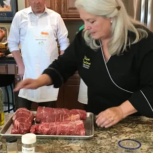 Preparing the Filet Mignon with Barbara the owner