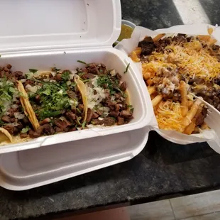 Carne asada tacos and carne asada fries