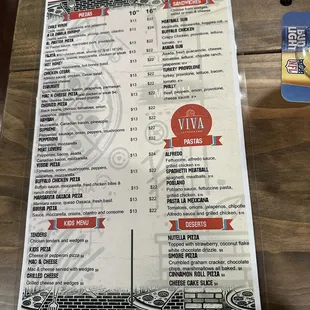 Menu - Pizzas, sandwiches, kids menu, pastas, desserts (8/19/24)