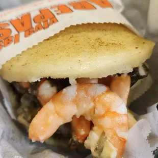 Gluten free garlic shrimp arepa. $9.75 November 15, 2023