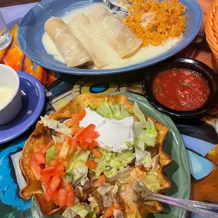 Chicken Fajita Bowl and the Viva Mas enchiladas, chicken, cheese, and shrimp