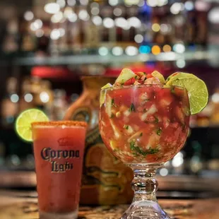 Coctel de Camarones served with a michelada