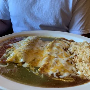 Combo plate with chille rellano and two enchiladas.