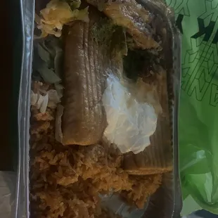 Ground Beef Burrito, Chimichanga, Rice, and Beans Combination Dish