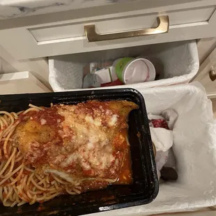 Watery terrible chicken parm barely any cheese and the entire dish was soaked in water from the pasta not being drained.