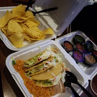 Tacos ground and shredded beef and chicken plus beans and rice plus nachos (no cheese) and drink (no refill) for $7.98