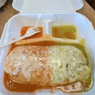 Super burrito, mojado. Half and half.  Green sauce is better