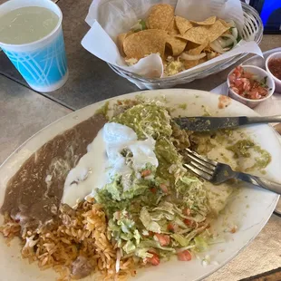 3 Enchiladas plate (comes with rice, beans, chips and salad)