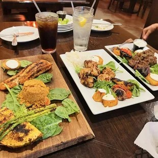 Salmon, Chicken kabobs, Adana Kabob