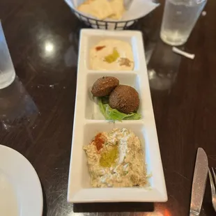 Hummus ,baba ghanoush, falafel.