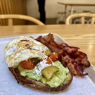 Smashed avo toast &amp; 8 freak'n strips of delicious bacon