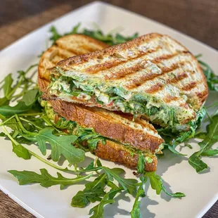 Grilled Chicken Panini, Roasted tomatoes &amp; Red peppers, Mozzarella, Arugula, Basil pesto aioli.