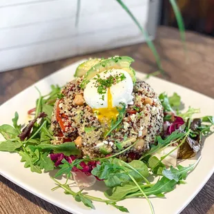 Quinoa Avocado Salad with poached egg.