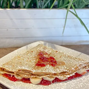 Banana Pb&amp;j Crepe:
Peanut butter, Strawberry jam, Bananas.