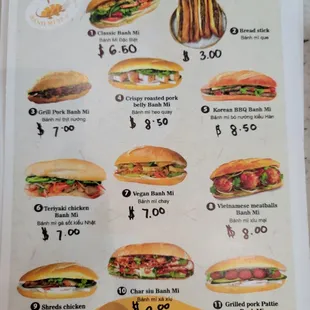 a menu for sandwiches