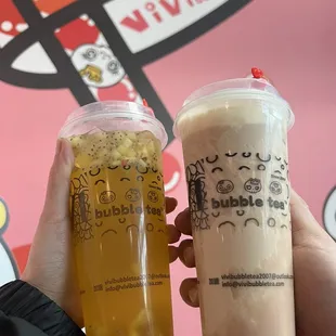Vivi Signature Fruit Tea, Hot Taro Creme Brulee Milk Tea